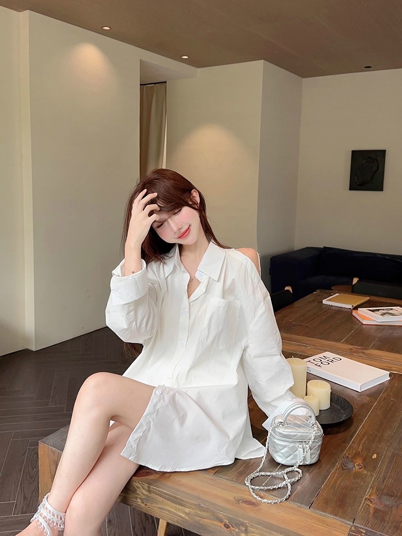 MY12956# 露肩衬衣宽松显瘦中长款男友白衬衣女裝貨源服裝批發