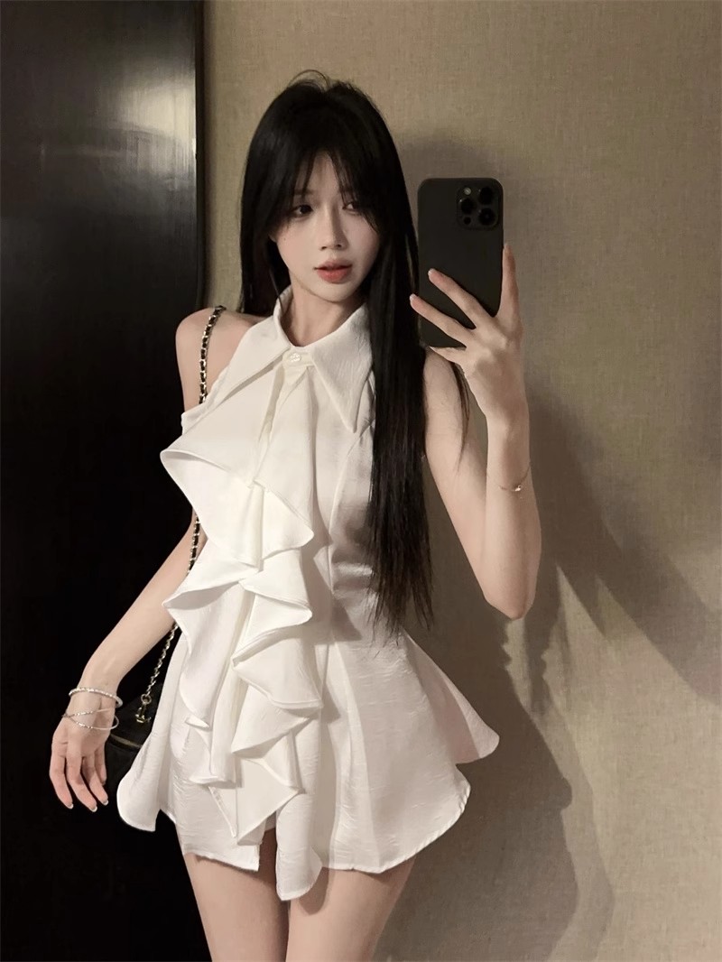 MY12955# 夏季裙子法式收腰无袖荷叶边衬衣短裙女裝貨源服裝批發