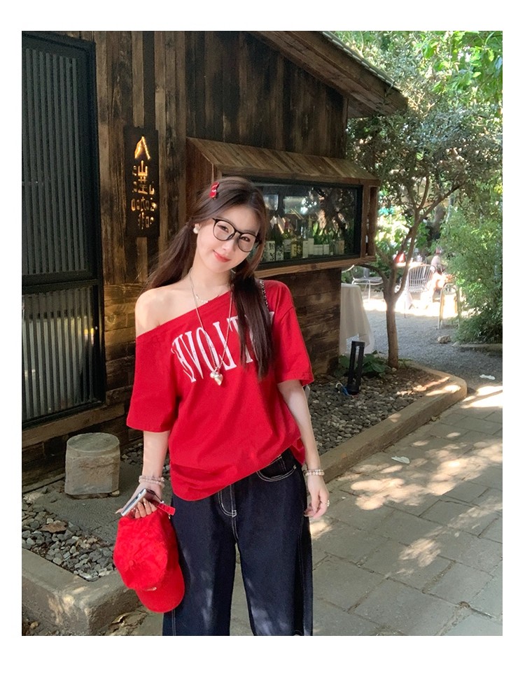 MY12954# 斜肩上衣女夏季露肩一字肩短袖t恤女裝貨源服裝批發