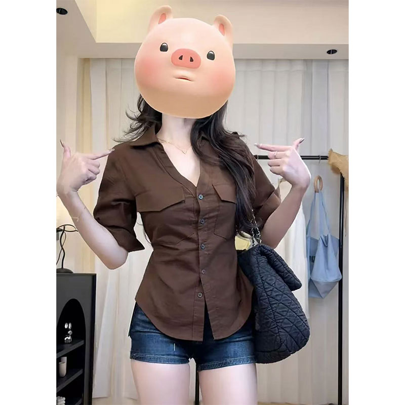 MY12951# 原版品质美式辣妹风中袖衬衫女新款绑带收腰设计感上衣女裝貨...