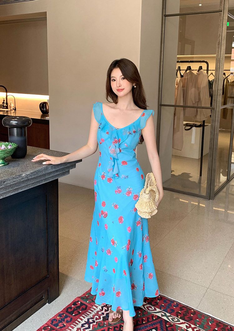 MY12948# 多巴胺法式丁达尔裙蓝色碎花吊带连衣裙女夏日绝美小裙鱼尾长...