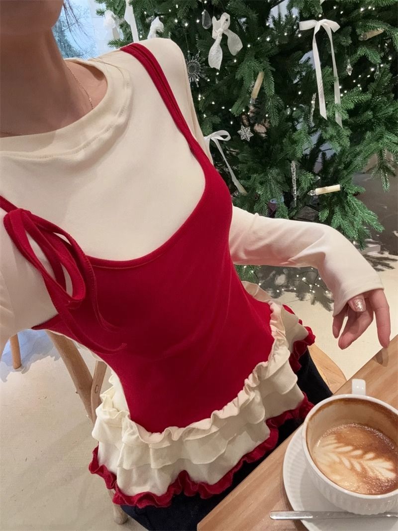 MY14315# 别致撞色假两件拼接长袖T恤女设计感收腰内搭小个子上衣女裝...