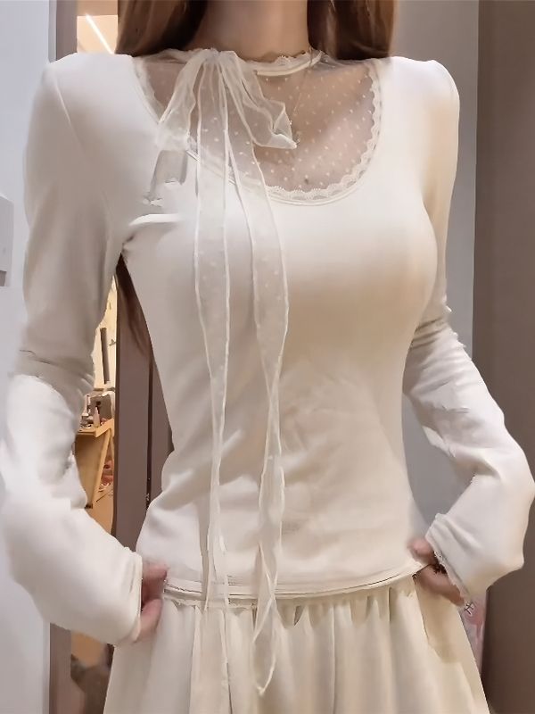 MY14963# 纯欲风蕾丝拼接系带长袖冬季新款修身显瘦内搭打底衫上衣女裝...