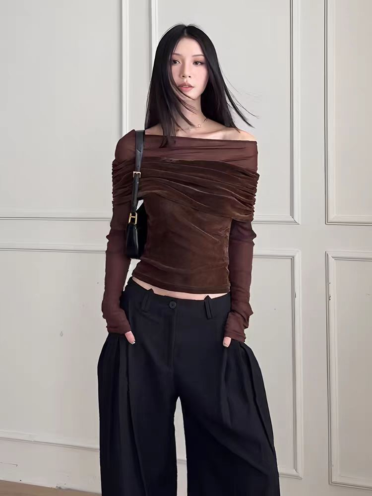 RY1603# 纯欲辣妹一字肩拼接长袖女秋季复古褶皱网纱T恤修身显瘦露肩上衣