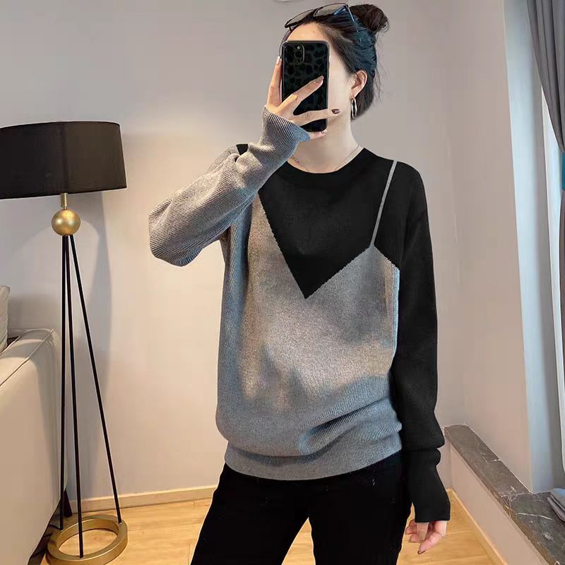 MY16539# 韩系圆领撞色拼接长袖新款宽松显瘦百搭上衣潮女裝貨源服裝批...