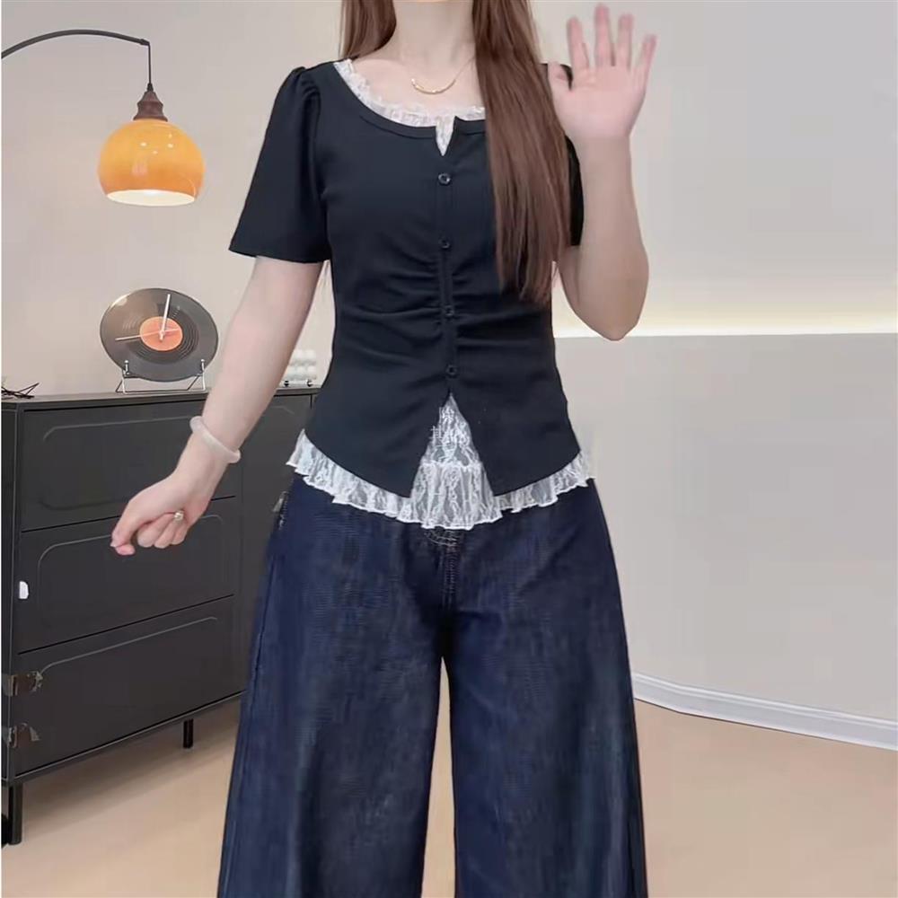 MY11227# 精棉大码蕾丝拼接假两件短袖t恤女夏季胖mm显瘦别致独特上...