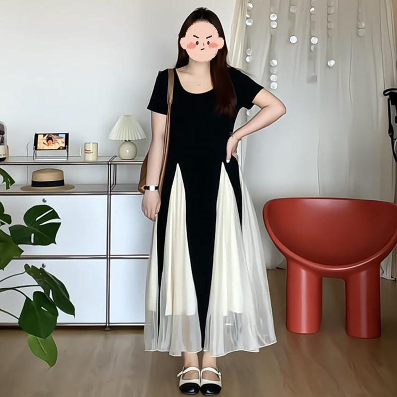 MY11225# 大码女装胖mm设计感网纱拼接撞色连衣裙夏季气质显瘦A字长...