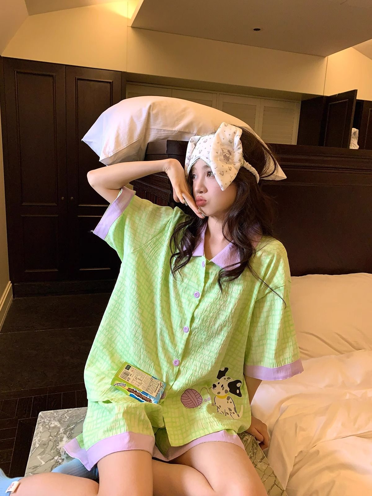 MY11563# 云朵棉 韩系甜美绿色格子睡衣女夏季短袖开衫可外穿家居服女裝貨源服裝批發