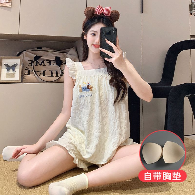 MY11562# 韩版甜美杏色小狗夏飞袖背心云朵棉睡衣带胸垫吊带短裤女裝貨源服裝批發