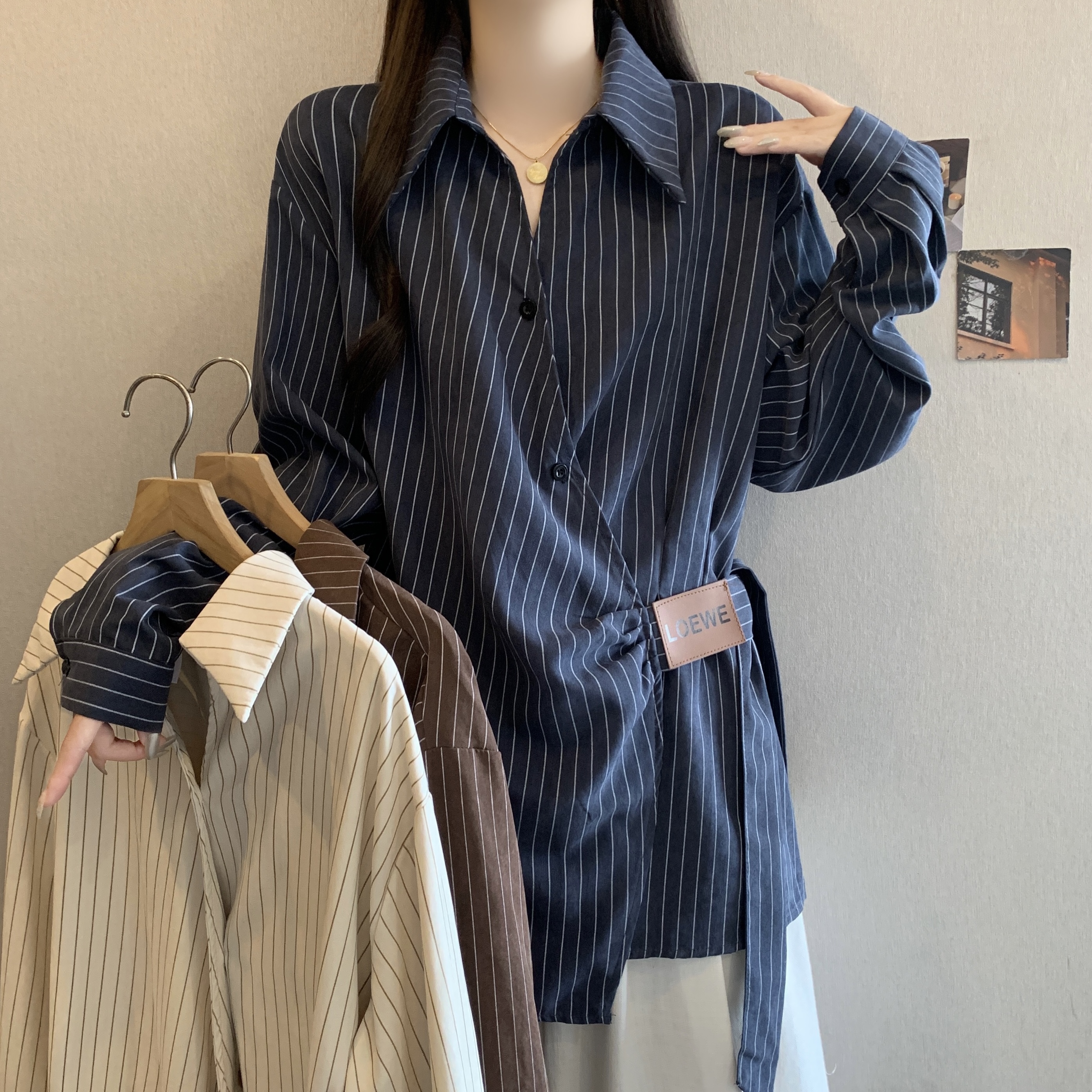 MY16306# 大码法式不规则收腰系带条纹衬衫设计感小众独特别致上衣女裝貨源服裝批發