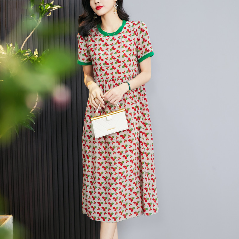 MY9036# 真丝长裙女印花过膝夏装新款阔太太双绉桑蚕丝裙子女裝貨源服裝批發