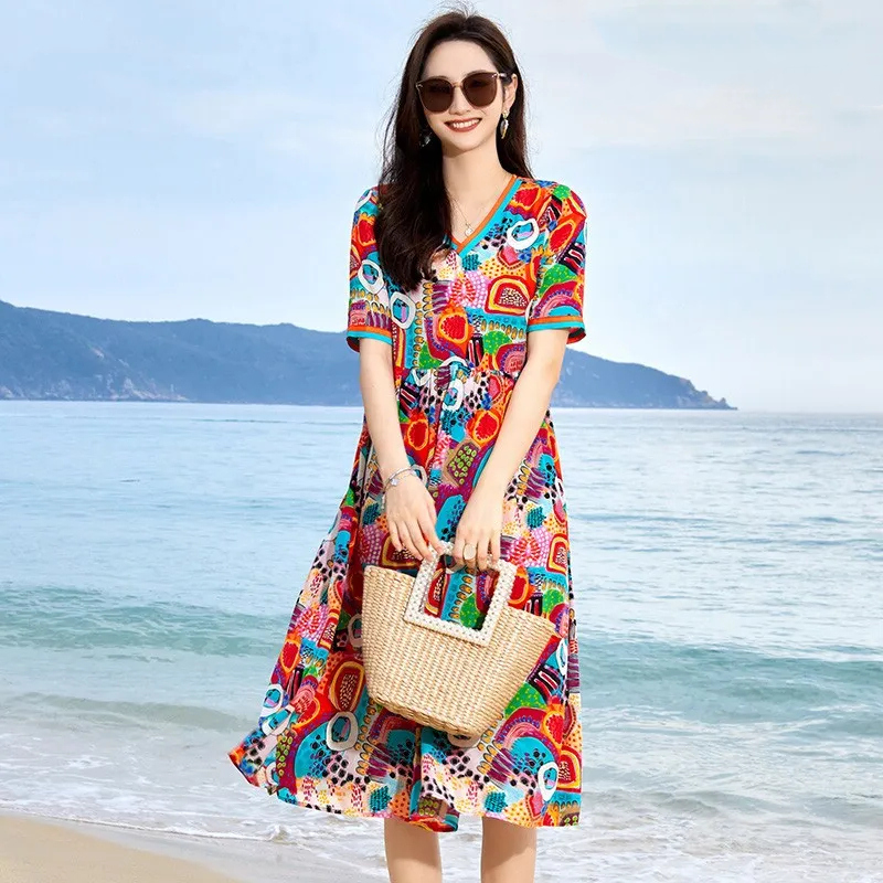 MY9030# 桑蚕丝双绉真丝连衣裙女夏V领气质典雅大码印花裙女裝貨源服裝批發