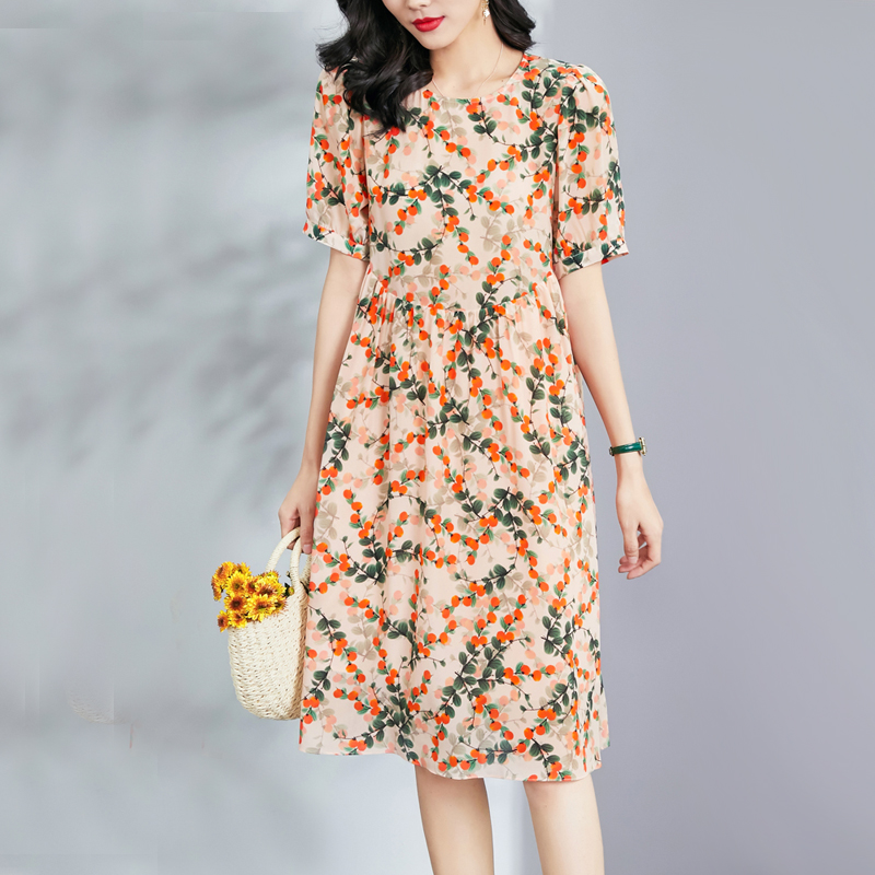 MY9028# 轻奢真丝印花连衣裙女夏季新款桑蚕丝修身显瘦A字裙女裝貨源服裝批發
