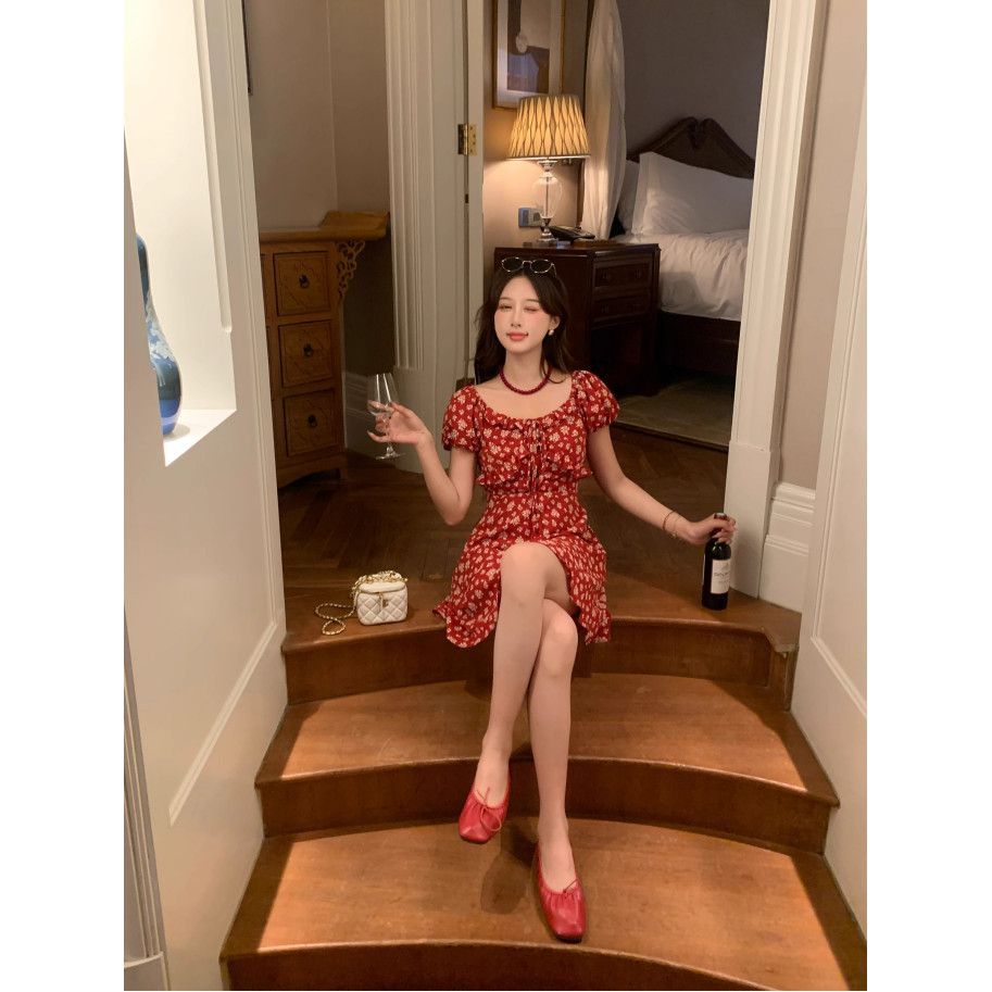 MY12023# 甜美清新减龄碎花设计感短袖连衣裙夏季新款小众收腰显瘦短裙女装女裝貨源服裝批發