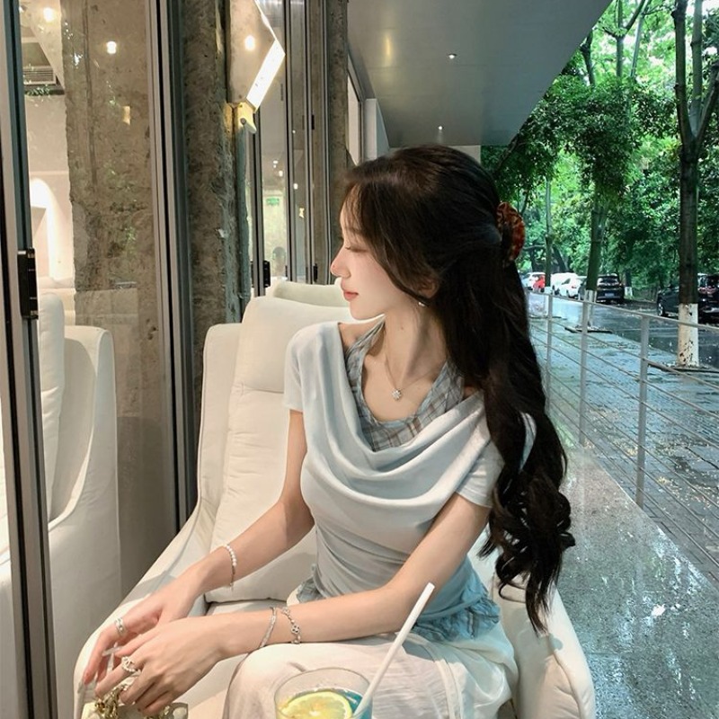 MY12021# 新款夏日显白气质假两件上衣荡领t恤显瘦韩系短袖女女裝貨源...