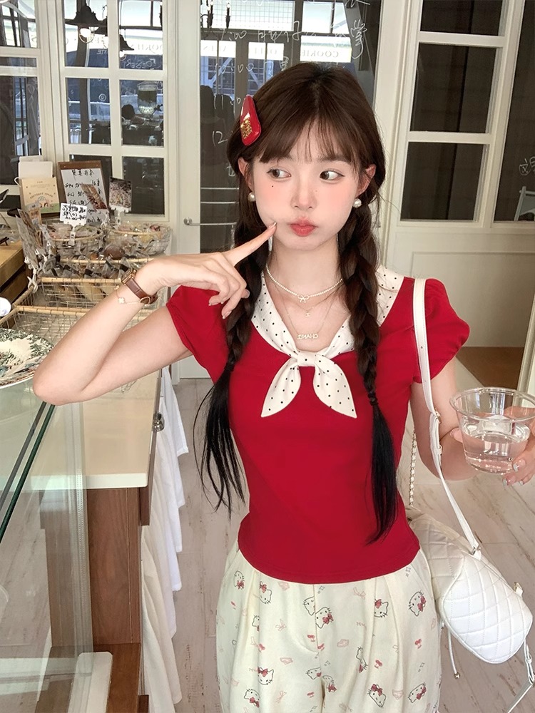 MY12022# 2025樱桃酱/红色波点娃娃领修身短袖t恤女夏季半袖体恤...