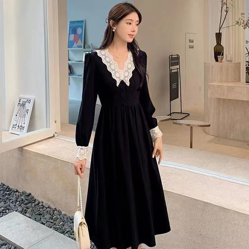 MY14517# 新款丝绒国风连衣裙显瘦赫本黑裙长袖外穿公主蕾丝裙女裝貨源服裝批發
