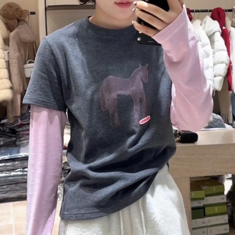 MY17443# 新款时尚百搭韩版设计感小马动物图案拼色假两件T恤女上衣女裝貨源服裝批發
