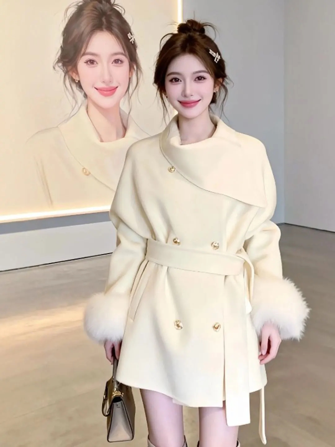 MY17436# 系富家千金毛呢外套新款短款设计感毛毛袖呢子大衣女裝貨源服...