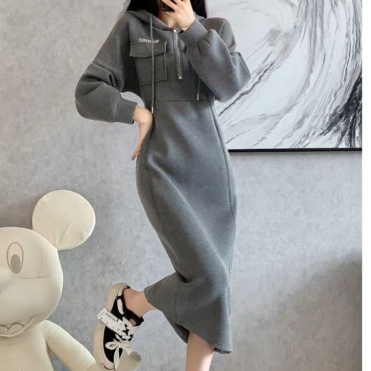 MY17438# 高级感灰色连帽长款卫衣裙收腰气质加厚加绒休闲连衣裙女裝貨...