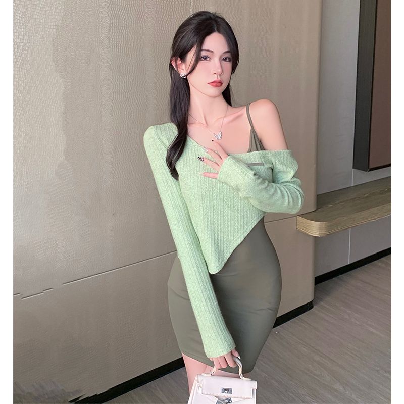 FA36563# 新款纯欲风露肩连衣裙套装辣妹设计感小众针织紧身包臀短裙 服裝批發女裝批發服飾貨源