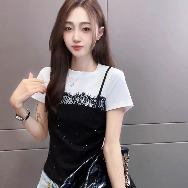 FA36562# 夏新圆领拼接蕾丝假两件T恤女装设计感上衣 服裝批發女裝批發服飾貨源