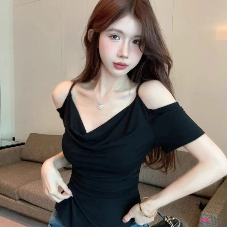 FA36557# 不规则露肩短袖t恤女夏纯欲甜辣妹短款一字肩吊带上衣 服裝批發女裝批發服飾貨源