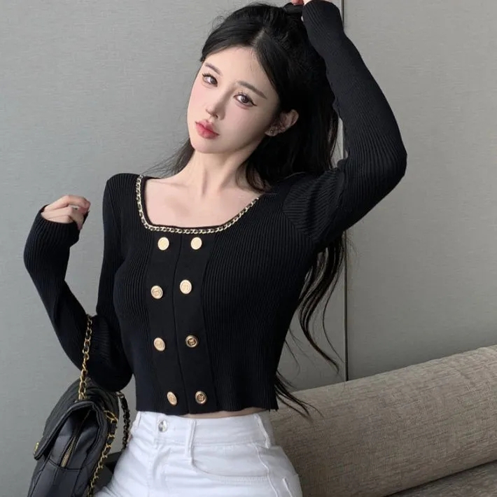 MY14003# 设计感方领修身显瘦针织打底衫性感辣妹上衣女裝貨源服裝批發