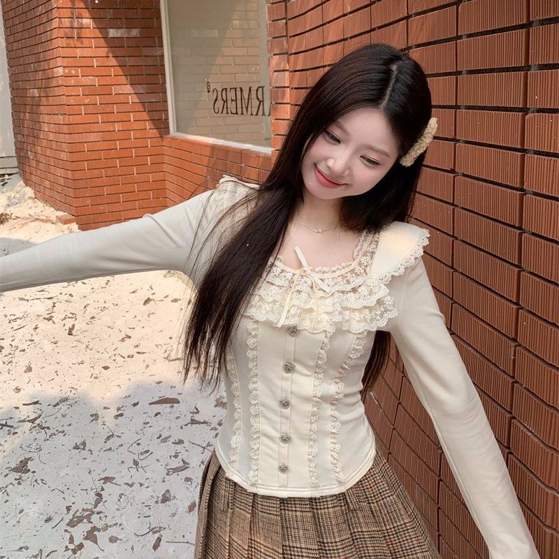 MY14506# 宫廷风蕾丝花边秋冬法式内搭收腰打底上衣女裝貨源服裝批發