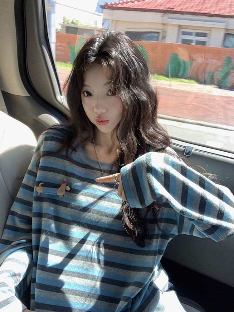 MY14504# 手作腊肠狗布艺日系减龄廓形宽松撞色条纹长袖圆领tee女裝...