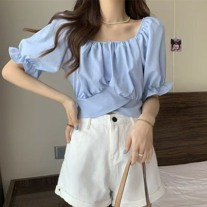 MY11197# 法式方领后背系带蝴蝶结衬衫上衣夏款女温柔高级感设计感短款...