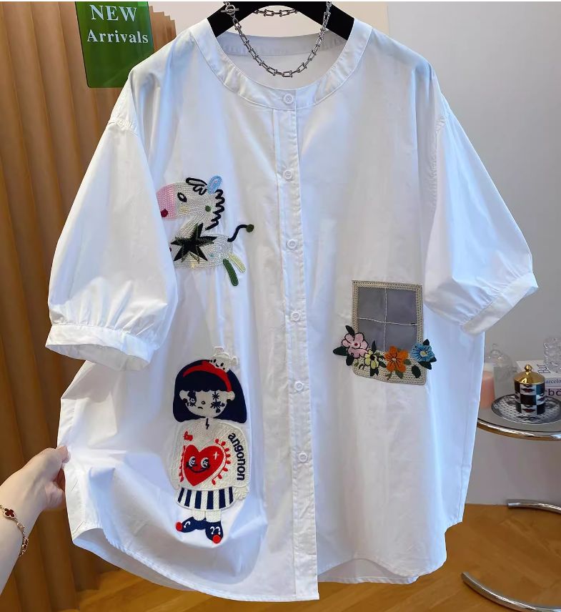MY12096# 夏装新款大码女装高级感时尚蕾丝钩花宽松圆领短袖衬衫百搭上...