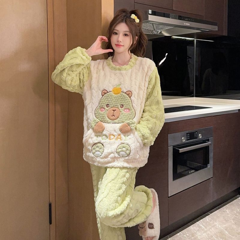 MY15411# 提花绒睡衣少女甜美时尚花边长袖加肥大码230斤胖M家居服...