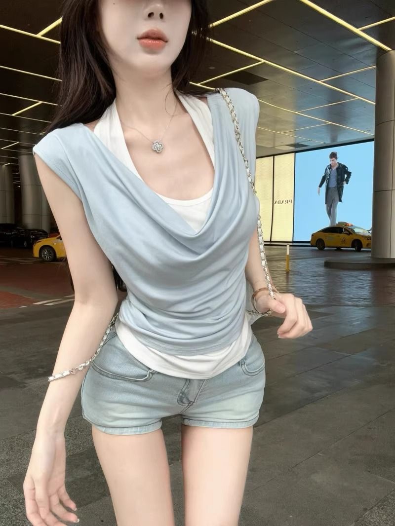 MY12091# 假两件荡领短袖t恤女夏季纯欲甜辣妹一字肩挂脖露肩上衣独特...