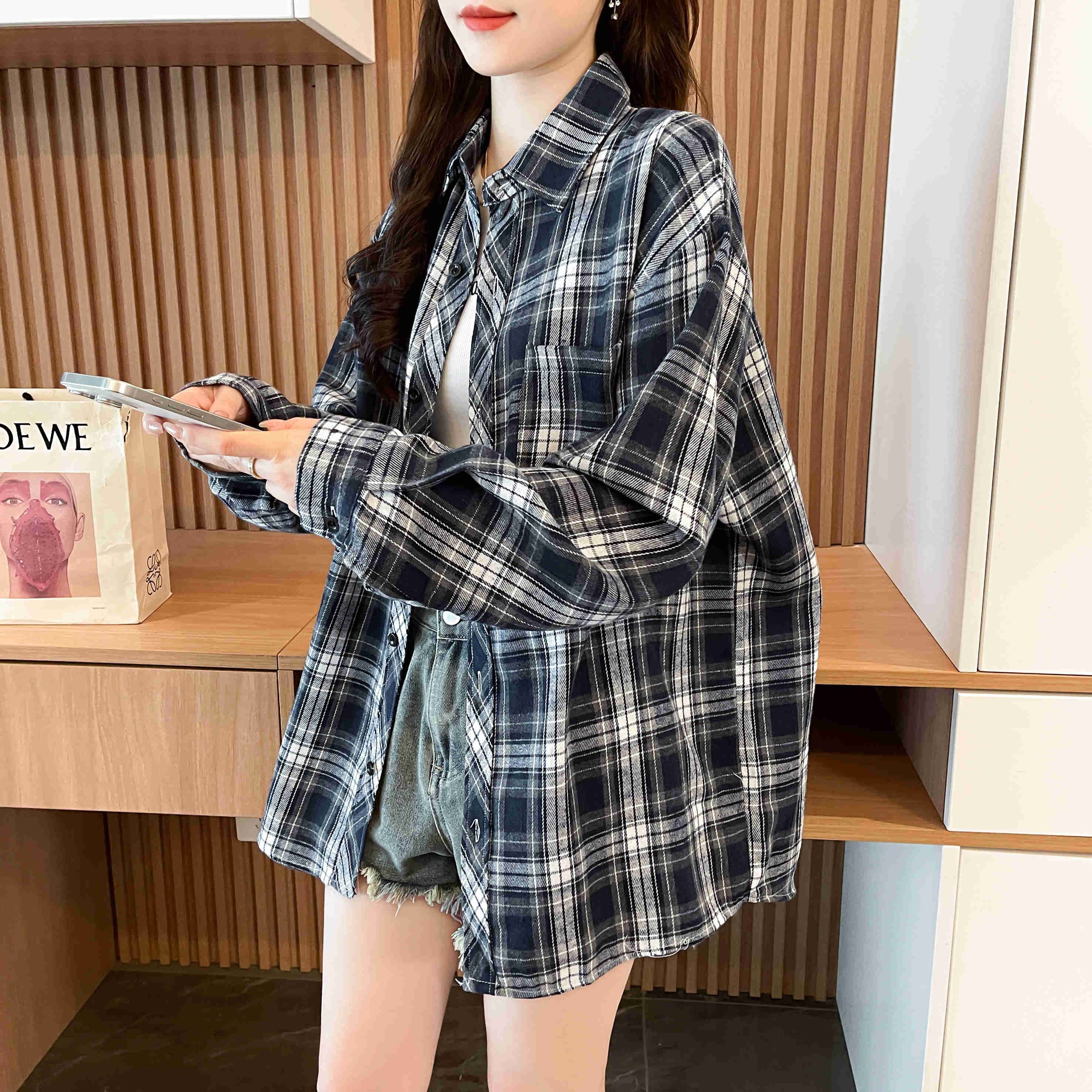 MY13889# 女裝貨源新款复古格子休闲百搭衬衫大码外套女女裝貨源服裝批...