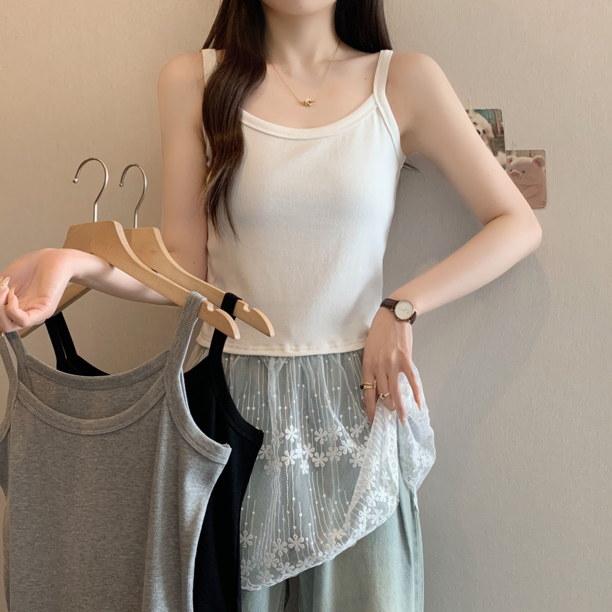 RY1328# 夏季新款下摆拼接蕾丝花边吊带