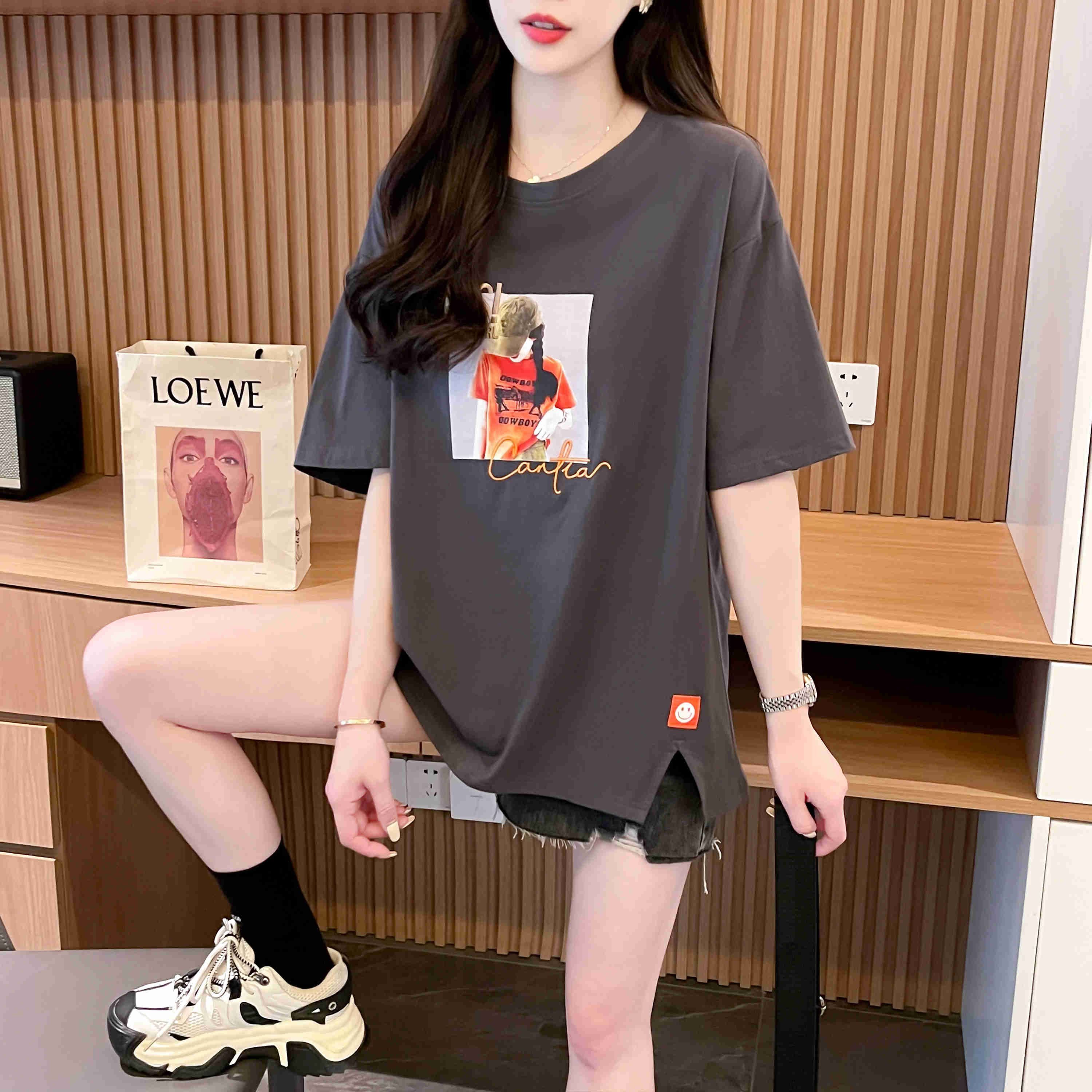 RY1323# 实拍 纯棉 夏季新款百搭宽松开叉圆领上衣女潮