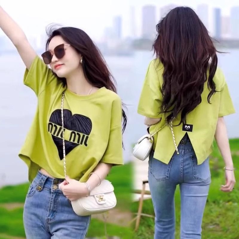 RY1324# 纯棉 夏季短款设计感后背不规则开叉圆领上衣