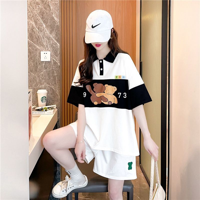 RY1326# 夏季新款卡通印花POLO翻领两件套套装