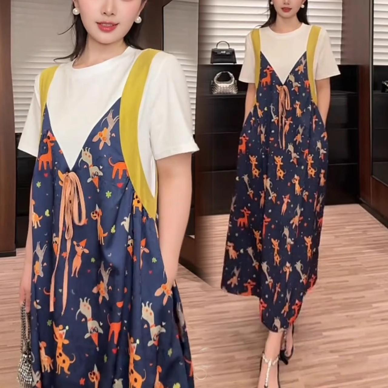 RY1685# 时尚老钱风减龄法式短袖裙子女2026夏新款休闲风假两件印花连衣裙