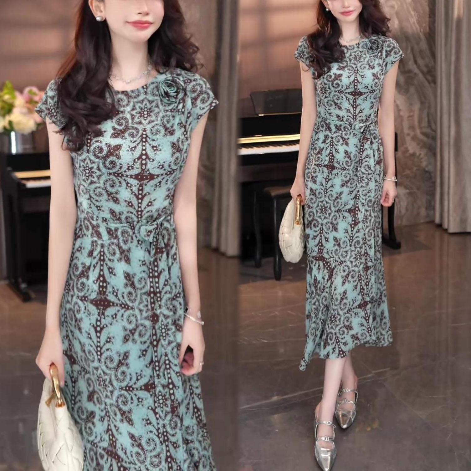 RY1684# 时尚短袖连衣裙女2026年夏季新款气质显瘦系带中长款印花休闲裙子