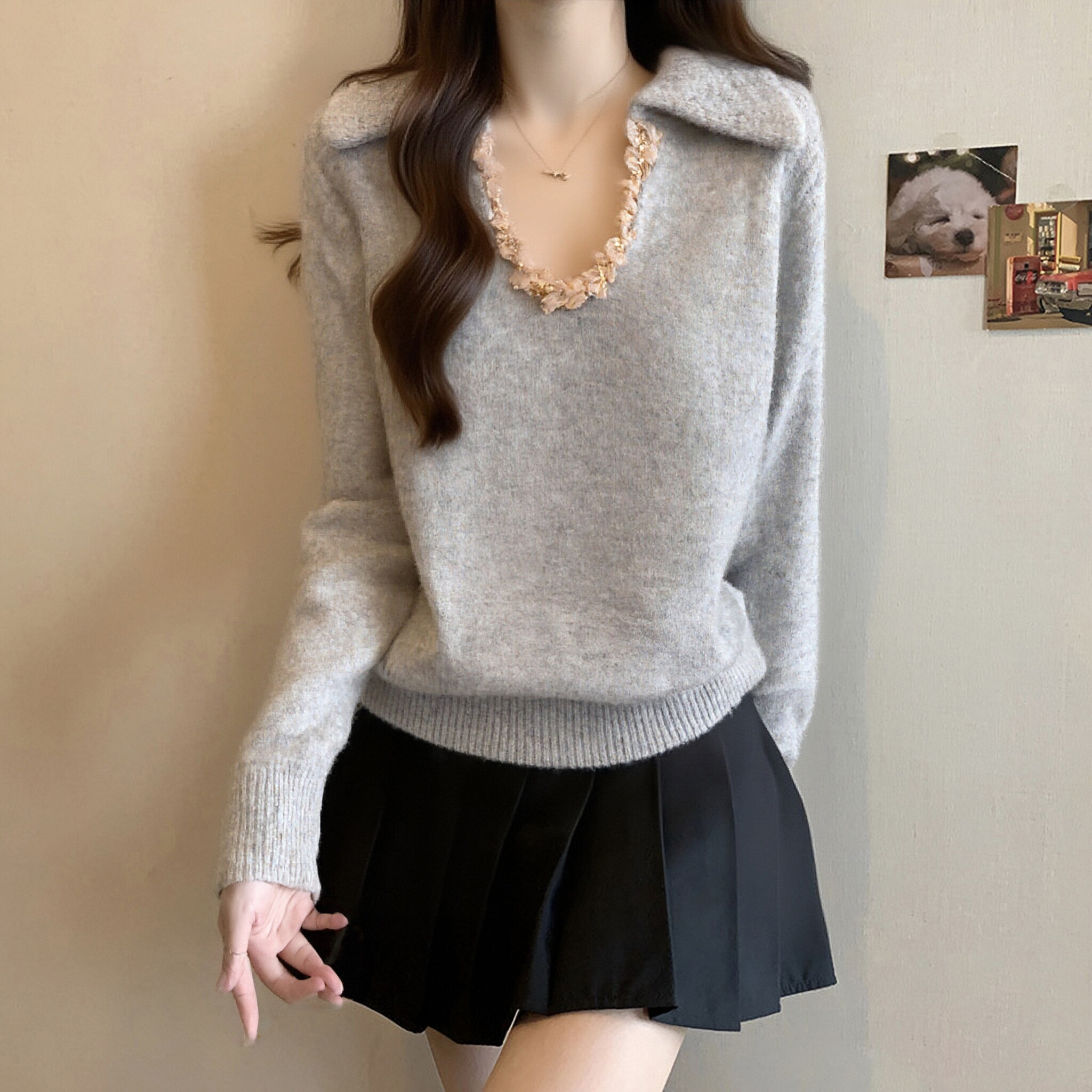 MY16368# 法式复古高级感翻领亮片毛衣大码胖MM慵懒外穿宽松针织上衣女裝貨源服裝批發