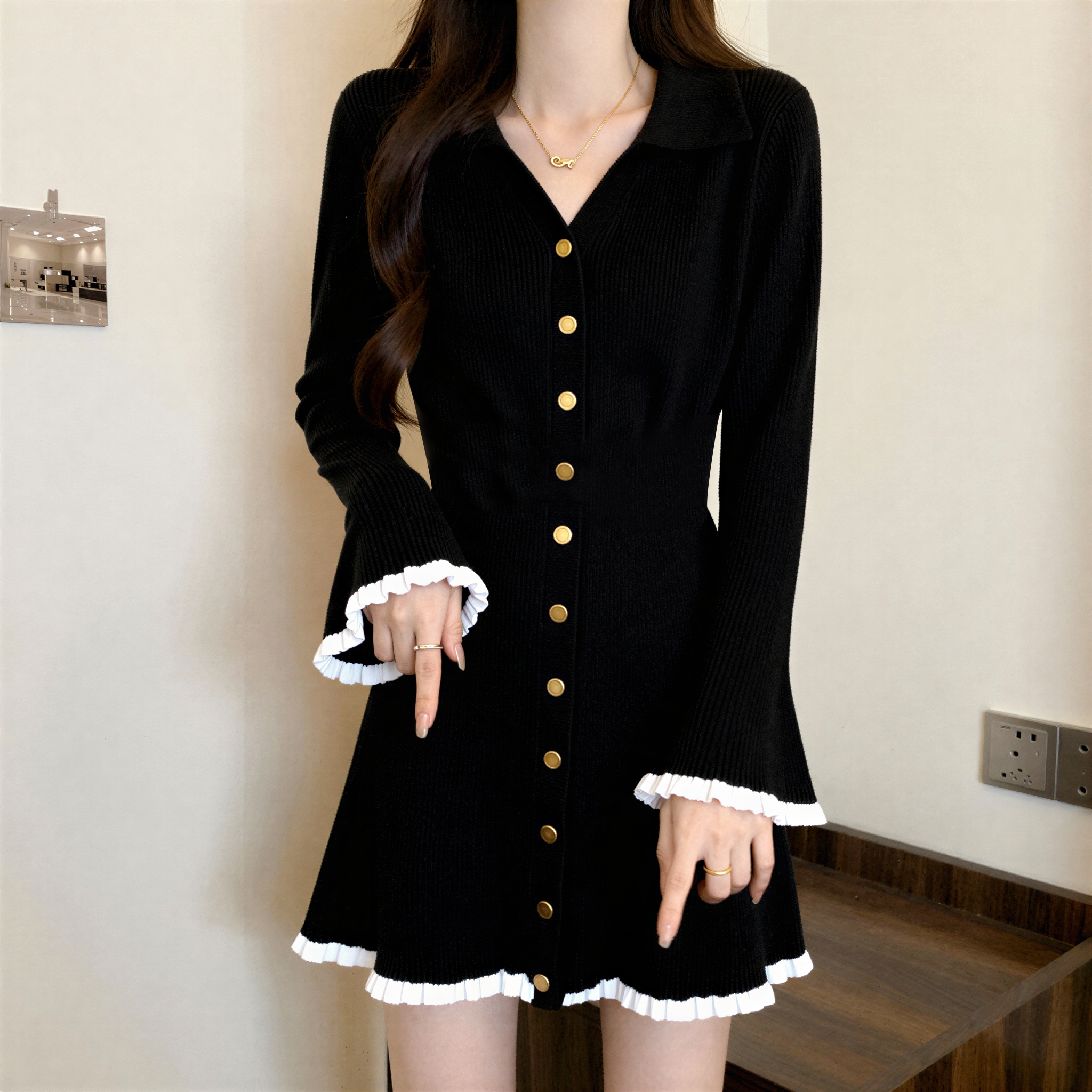 MY16357# 法式黑色针织连衣裙女新款大码胖mm小香风配大衣冬裙子女裝貨源服裝批發