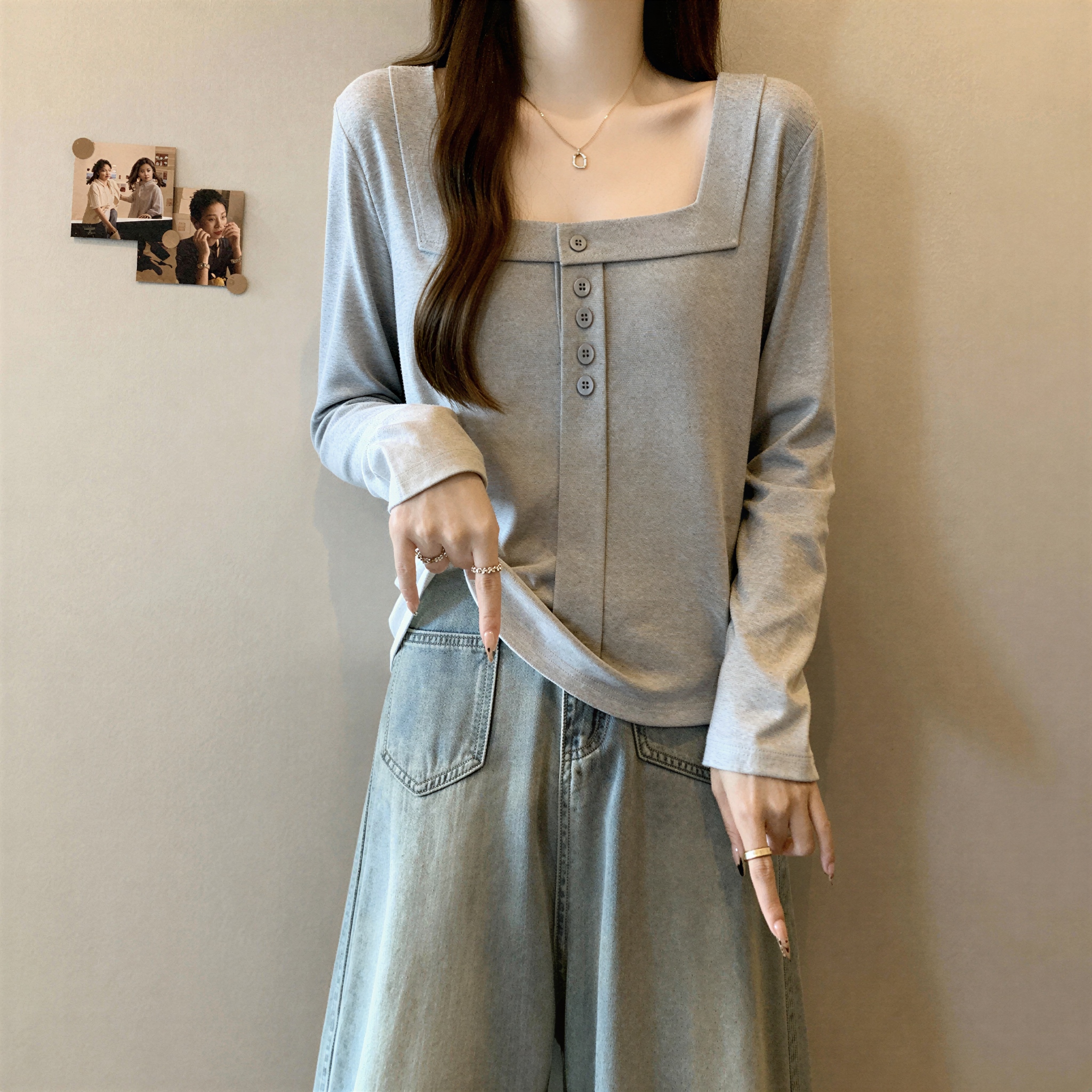 MY16366# 高级感方领纯棉长袖t恤女装新款大码胖MM修身打底衫上衣女裝貨源服裝批發