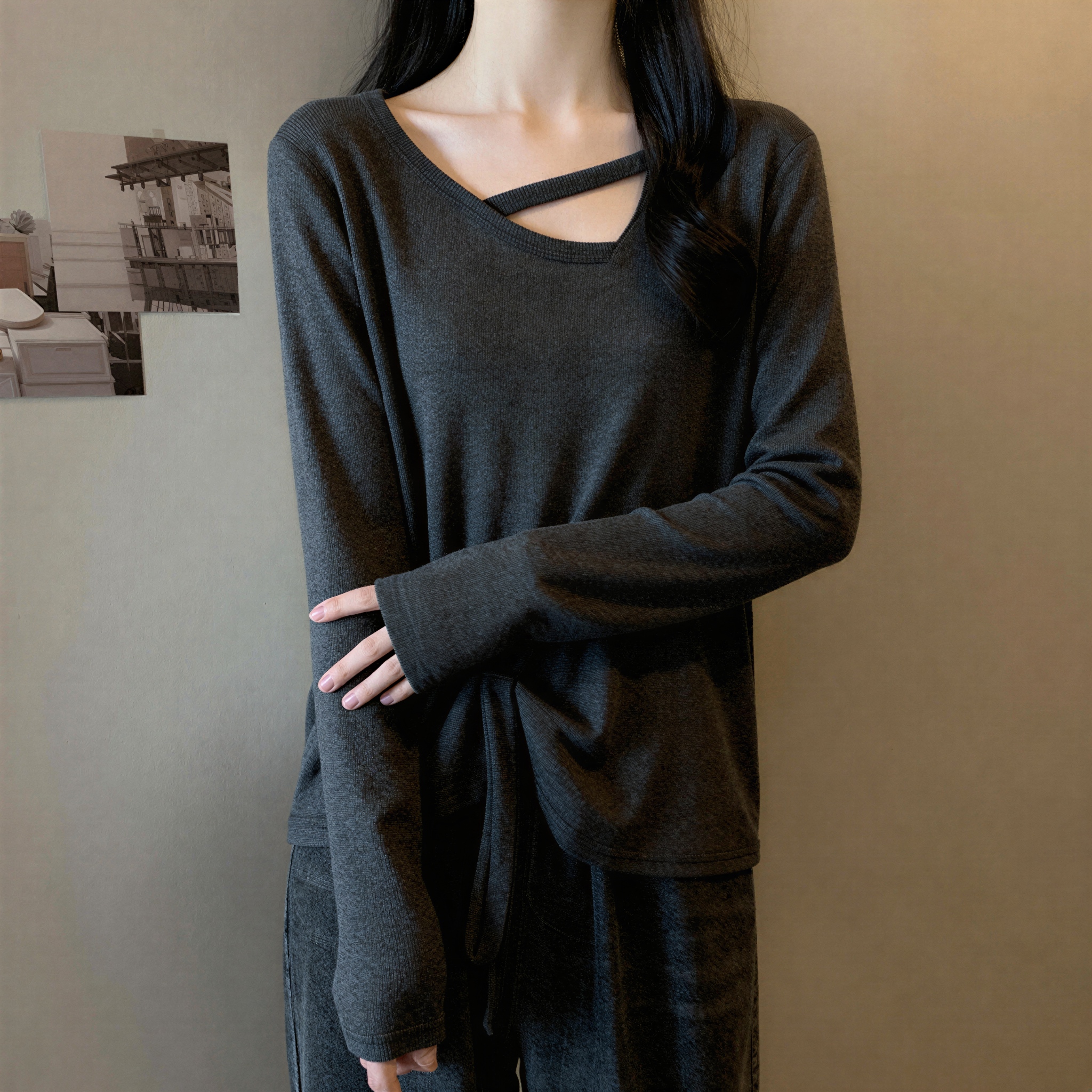 MY16363# 大码不规则长袖T恤内搭胖mm显瘦宽松设计感小众打底衫上衣女裝貨源服裝批發