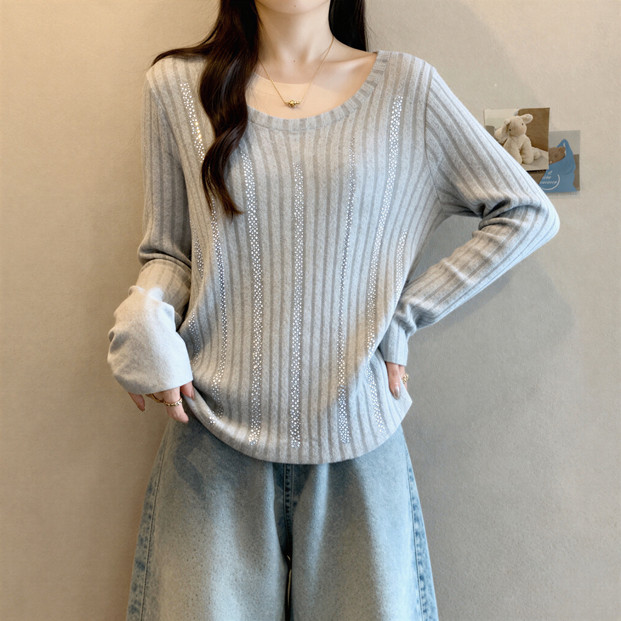 MY16362# 重工烫钻打底衫新款大码胖MM修身显瘦遮肚百搭长袖上衣女裝...