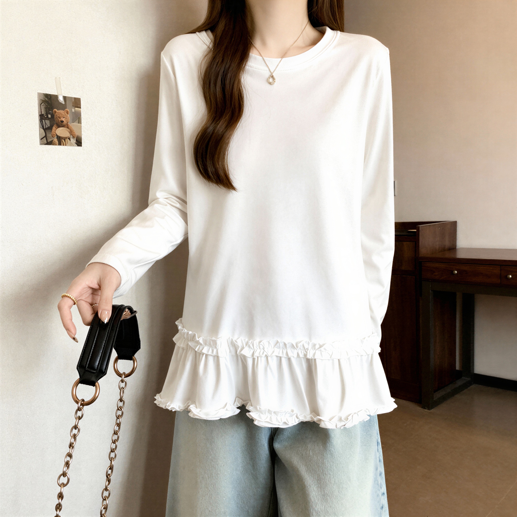 MY16359# 大码打底衫新款胖MM下摆木耳花边宽松长袖t恤上衣女裝貨源...