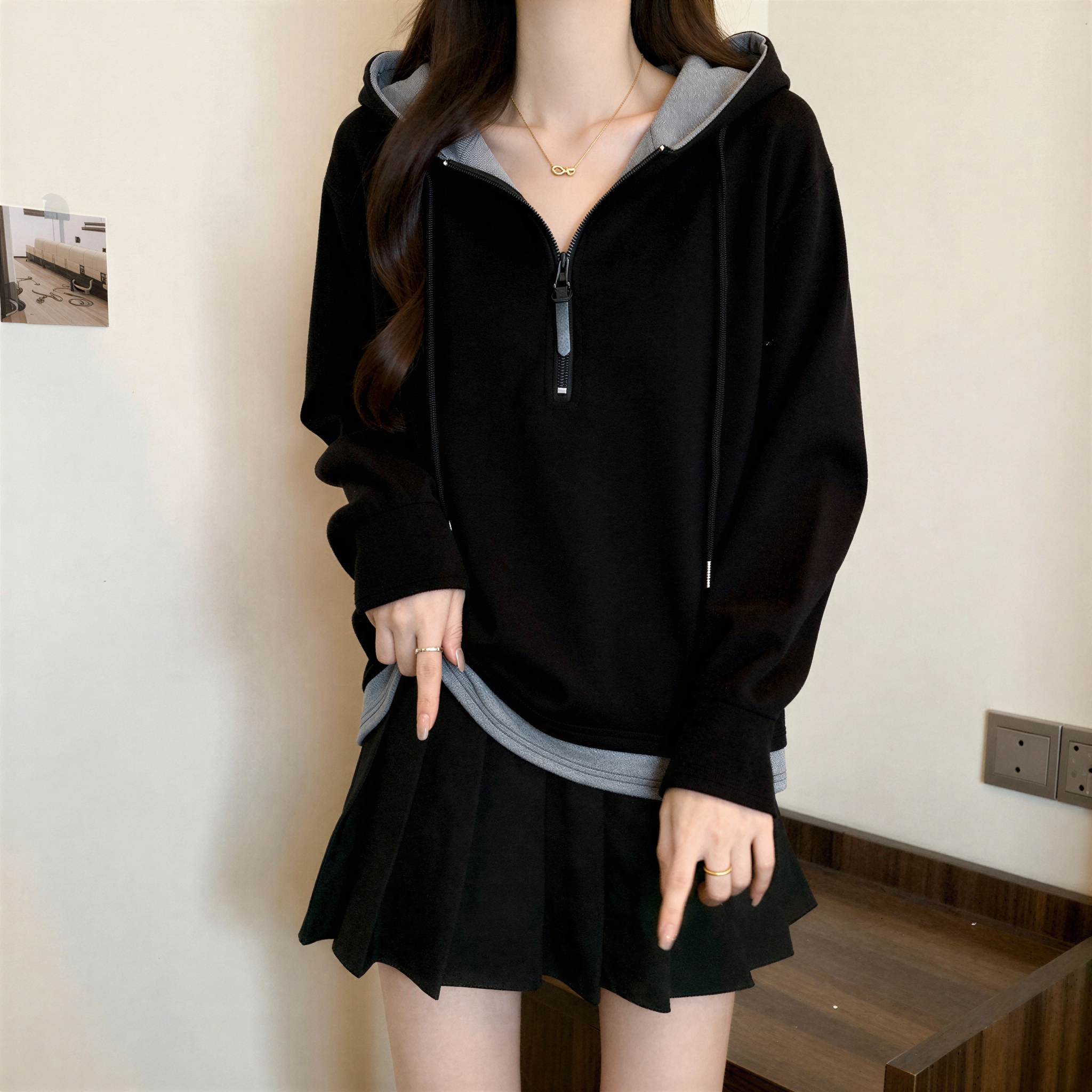 MY16358# 纯棉假两件连帽拉链长袖卫衣大码女装胖MM设计感显瘦正肩上...