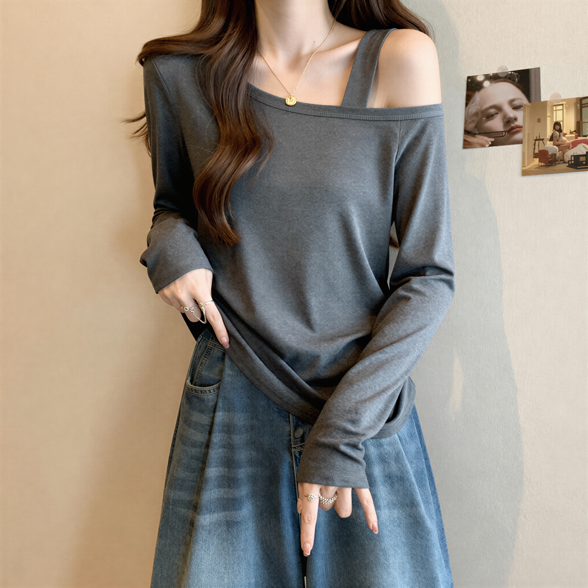 MY17454# 大码设计感斜肩长袖T恤新款胖mm修身显瘦韩系穿搭打底上衣女裝貨源服裝批發