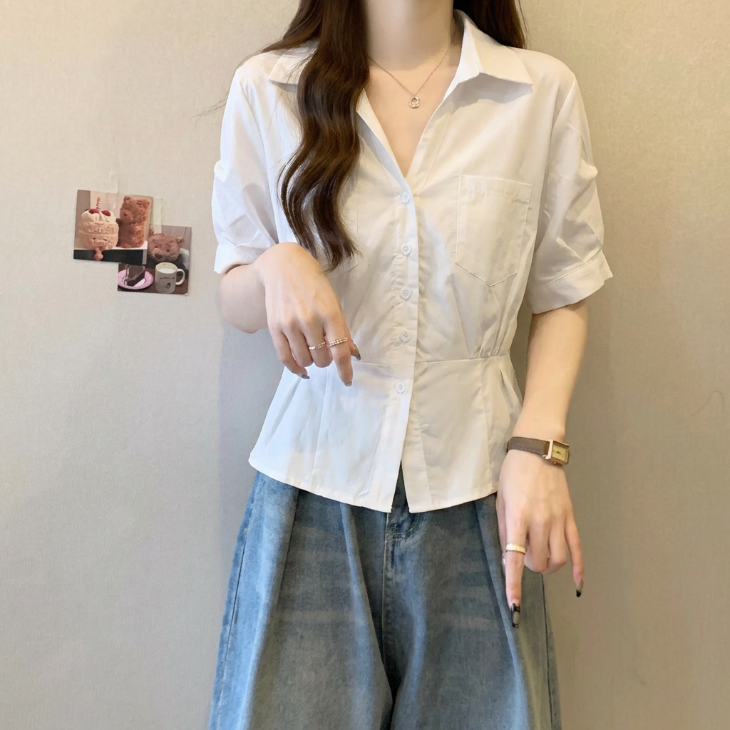 RY741# 高级感白色五分袖雪纺衬衫女夏2025新款大码胖MM显瘦收腰别...